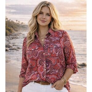 Lauren Ralph Lauren Floral Blouse Sz 1X Silk Button Down Coastal Cowgirl Resort